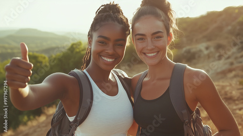 A cheerful shot of two young female friends, one Black and one White, posing outdoors after a hike, with both giving a thumbs-up, symbolizing their shared love for fitness and outd photo