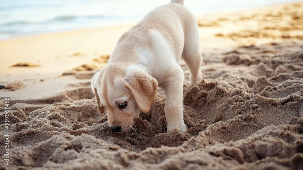 Adorable Labrador Puppy Digging in Sandy Beach Adorable Labrador Puppy Digging in Sandy Beach