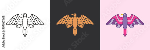 Raven mystic icon set. Black and colorful geometric vector logo template