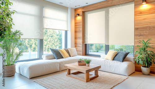 Modern living room with window, sofa and plants showing roller blinds