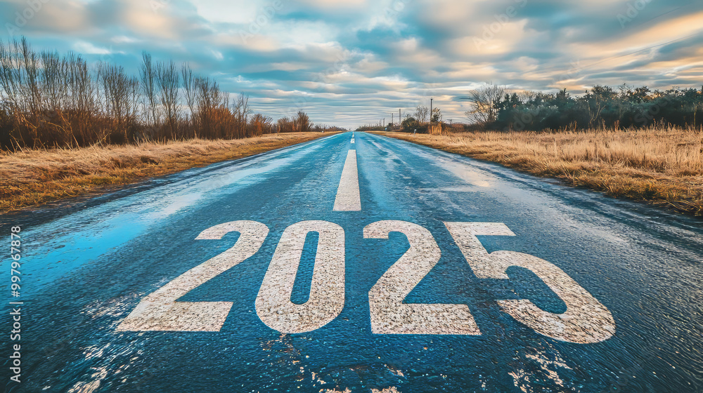 An open road stretches ahead under cloudy skies with the year 2025 ...