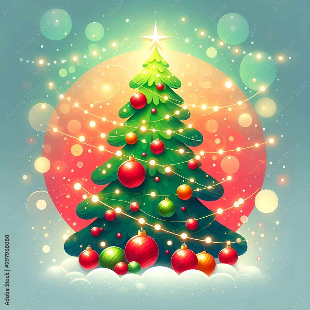 Obraz premium Festive Christmas Background with Tree, Red Baubles, and Twinkling Lights