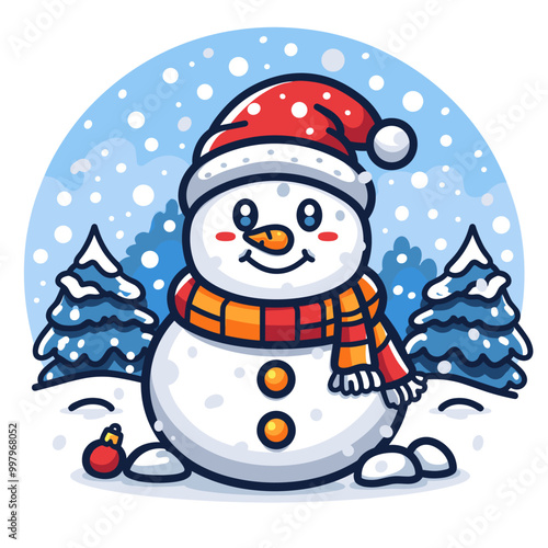 Cute cartoon snowman Vector illustration. Merry Christmas and Happy New Year greeting card.