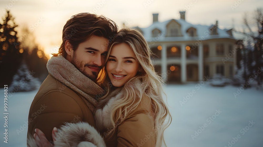 Fototapeta premium A photo of man and woman hugged, couple hugging each other, standing in front of the big luxury house.