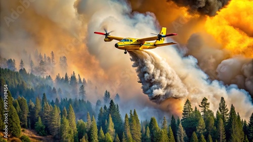 Firefighting aircraft flying over forest fire photo