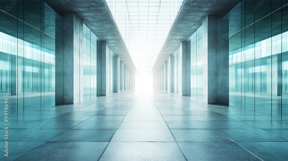 Abstract futuristic glass architecture with a vast empty concrete floor, rendered in 3D graphics. Abstract futuristic glass architecture with a vast empty concrete floor, rendered in 3D graphics.