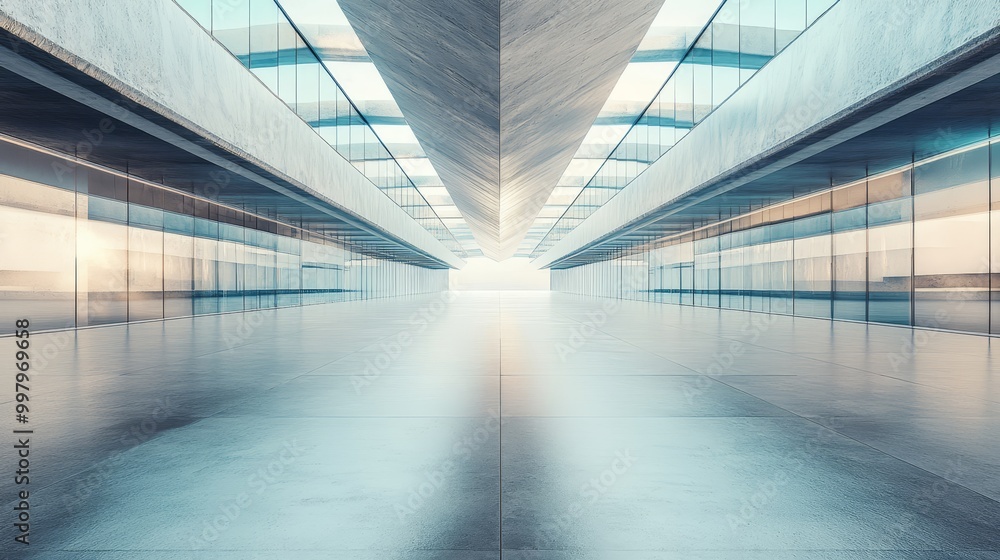 Abstract futuristic glass architecture with a vast empty concrete floor, rendered in 3D graphics. Abstract futuristic glass architecture with a vast empty concrete floor, rendered in 3D graphics.