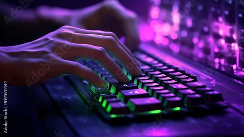 A close-up of hands typing on a backlit keyboard with vibrant lighting.