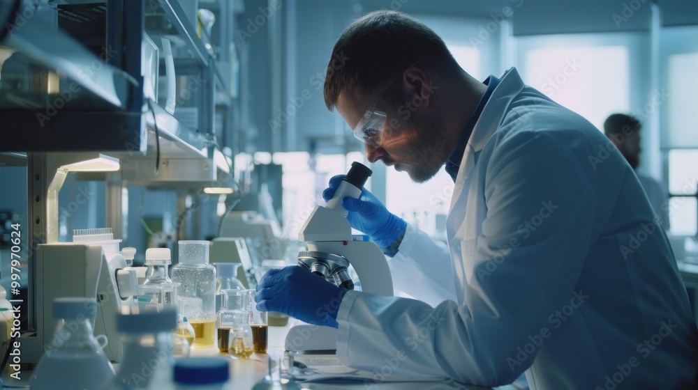 A man in a lab coat is looking through a microscope A man in a lab coat is looking through a microscope