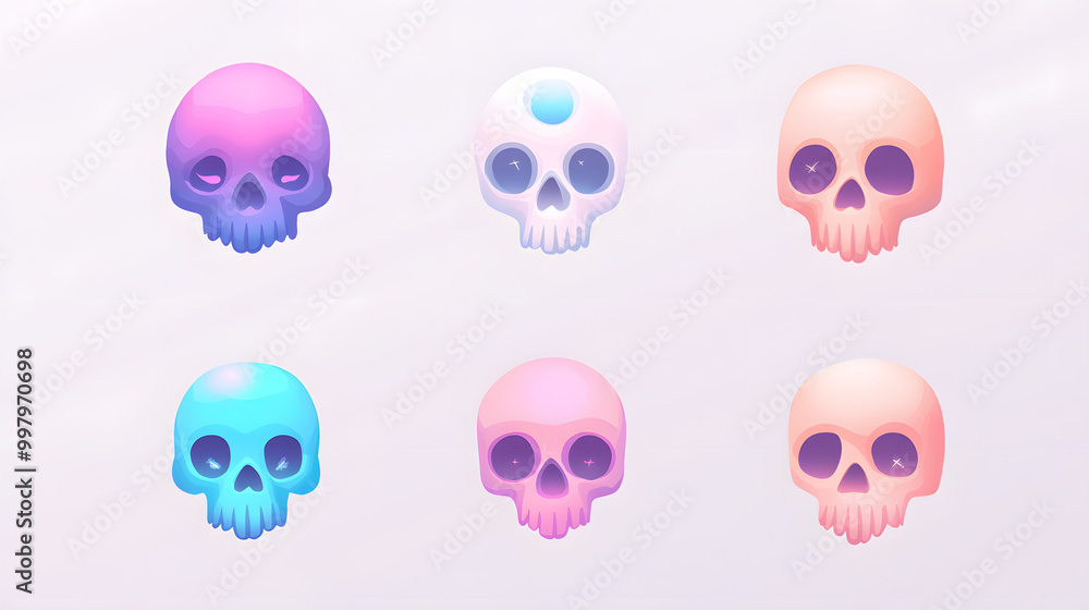 Minimal pastel skull set of icons with rounded features and soft tones placed on a clean background Minimal pastel skull set of icons with rounded features and soft tones placed on a clean background