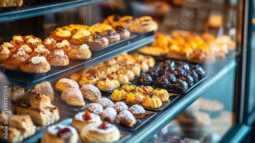 Assortment of Pastries in a Bakery Display Case