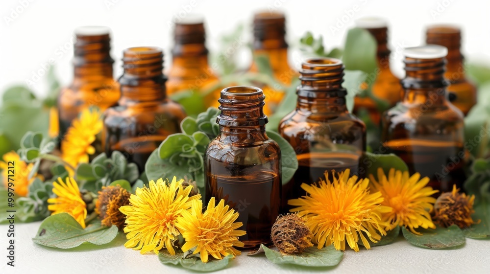Dandelion flowers and tincture in a bottle isolated Dandelion flowers and tincture in a bottle isolated