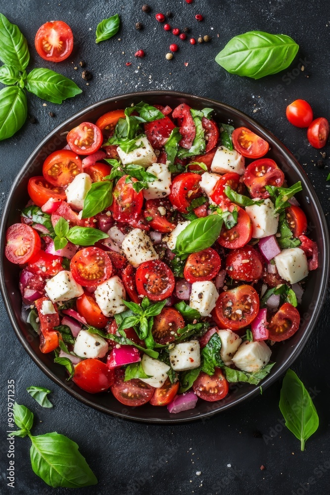A vibrant Italian salad featuring fresh mozzarella, juicy cherry tomatoes, fragrant basil, and finely chopped onions tossed together. This dish showcases the essence of summer flavors A vibrant Italian salad featuring fresh mozzarella, juicy cherry tomatoes, fragrant basil, and finely chopped onions tossed together. This dish showcases the essence of summer flavors