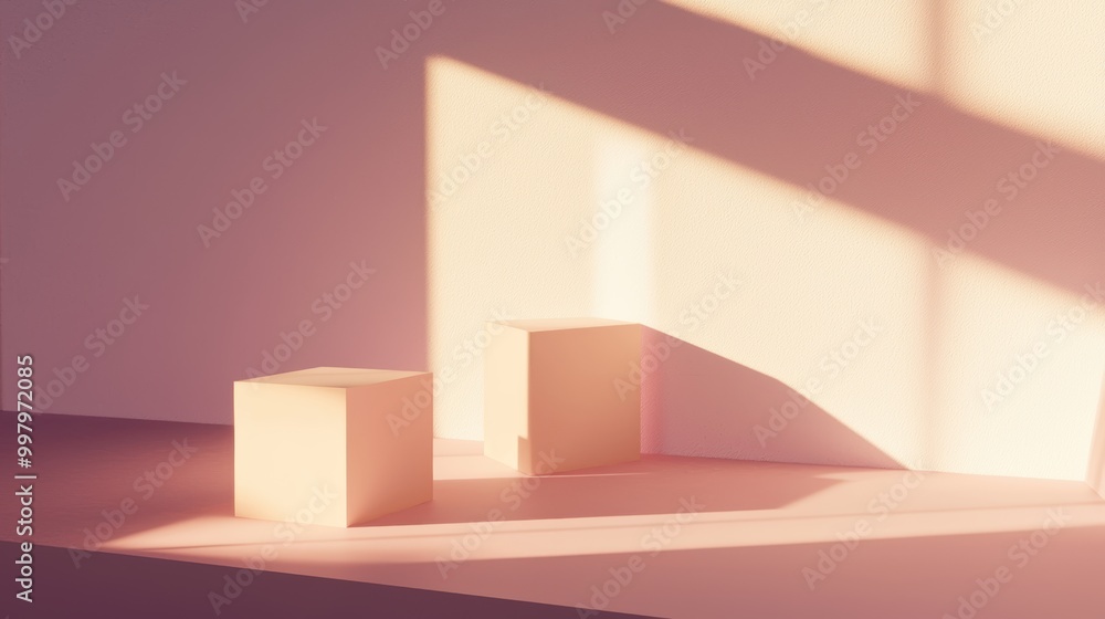 Minimalist Setup with Floating Cubes on Podiums