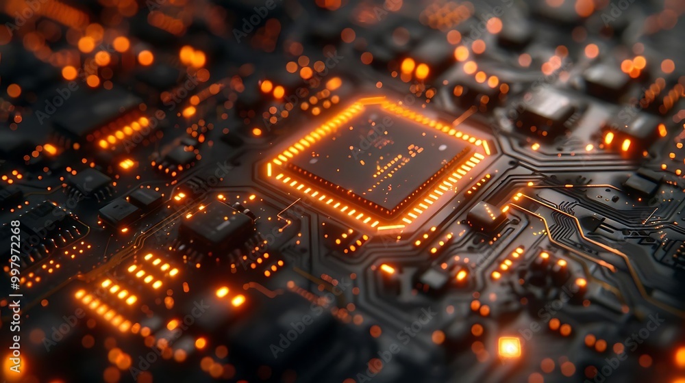 A close-up of a circuit board with glowing orange elements, showcasing technology and design. A close-up of a circuit board with glowing orange elements, showcasing technology and design.