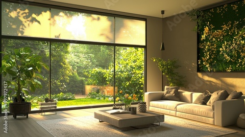 A living room with a smart window that adjusts its tint based on sunlight intensity and an energy-efficient heating system that responds to occupancy
