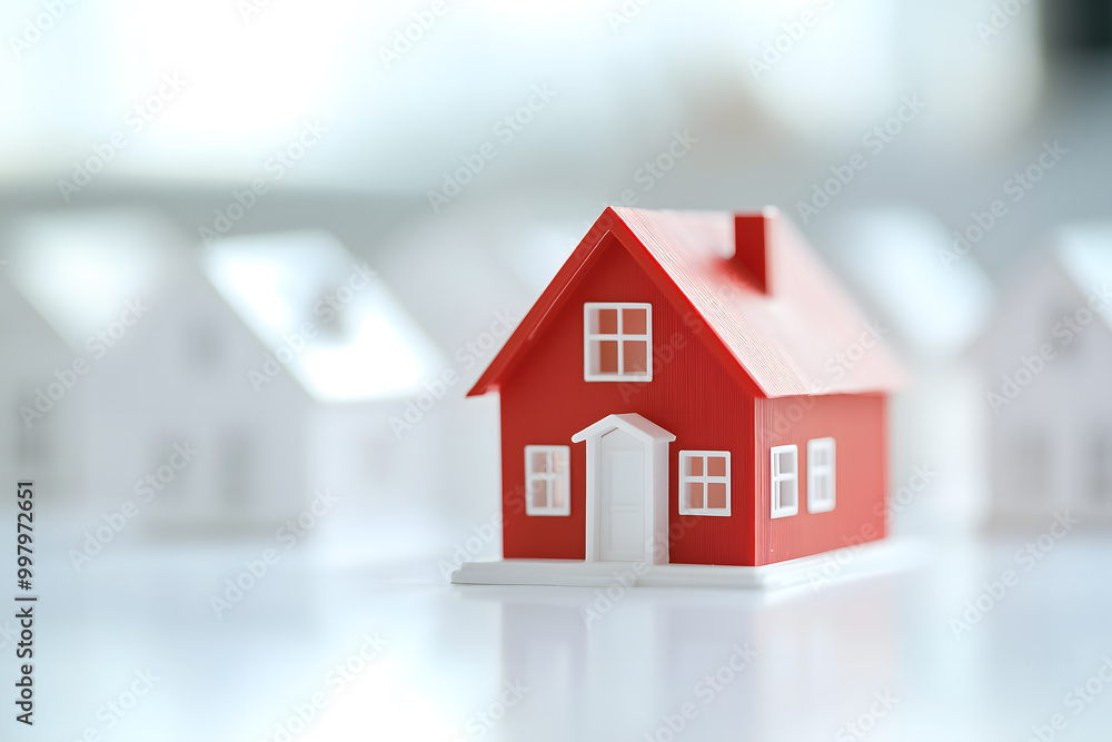 a red house model between white houses on a blurred background, a real estate, loan and mortgage concept a red house model between white houses on a blurred background, a real estate, loan and mortgage concept