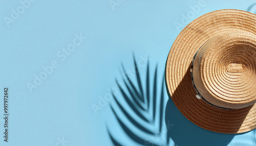 Summer flat lay with straw hat on blue background with palm leaf shadow, sun and sunlight. Vacation, holiday, summer creative minimal concept, copy space, banner