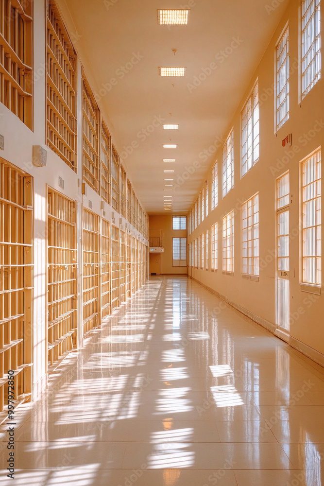 Sunlight shining through bars in an empty jail cell corridor Sunlight shining through bars in an empty jail cell corridor