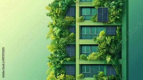 Eco-friendly building with lush greenery facade. photo