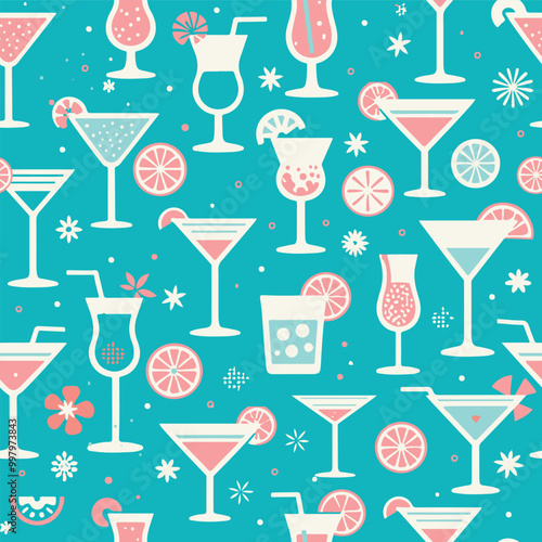 Tropical Cocktail Seamless Pattern with Refreshing Drinks and Citrus Slices in a Fun Retro Style on Teal Background in Vector Format for Digital and Print Projects