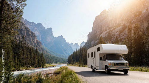 Scenic road trip with RV amidst towering mountains and lush forests near a flowing river under a clear blue sky