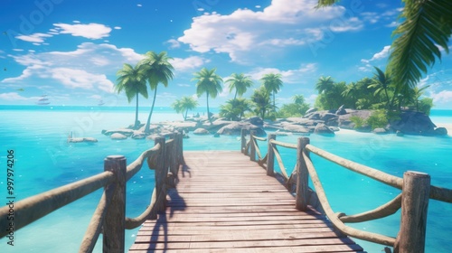 Tropical Island Escape  Wooden Bridge Leading to Paradise
