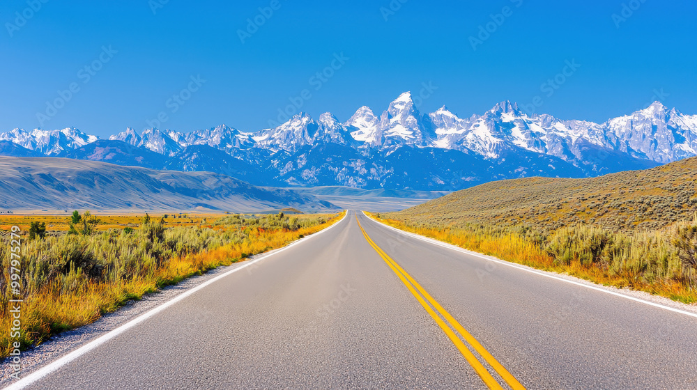 Fototapeta premium Scenic highway winding through open grassland with majestic snow-capped mountains under a clear blue sky