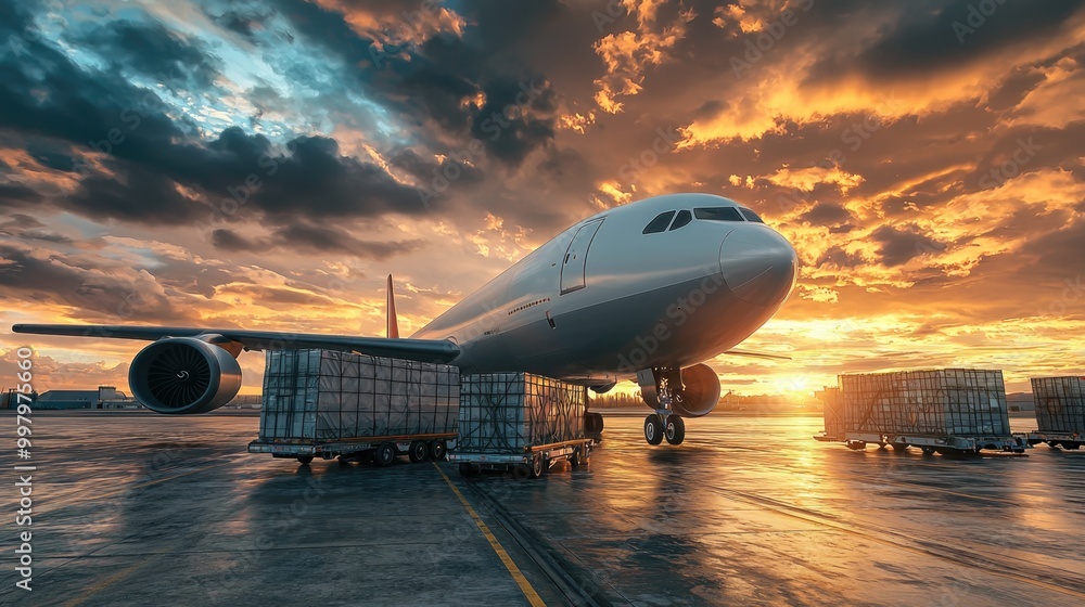 Cargo airplane at sunset on a busy airport tarmac Cargo airplane at sunset on a busy airport tarmac