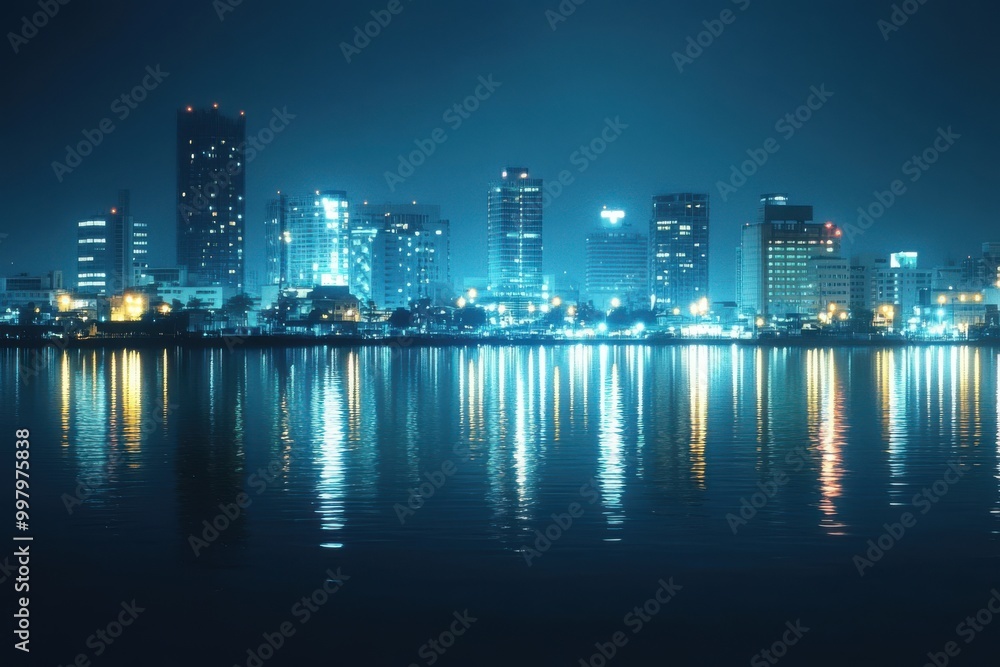 City skyline at night reflecting on the water, showcasing urban lights and structures. City skyline at night reflecting on the water, showcasing urban lights and structures.