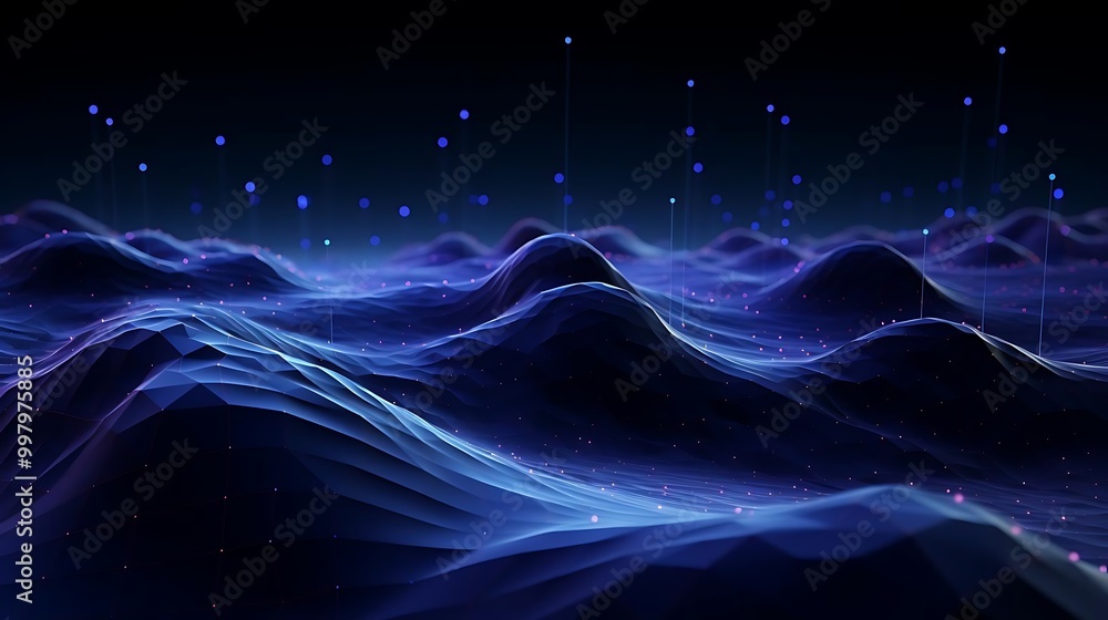 Abstract digital landscape with waves and glowing particles. Abstract digital landscape with waves and glowing particles.