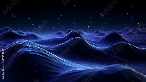 Abstract digital landscape with waves and glowing particles.