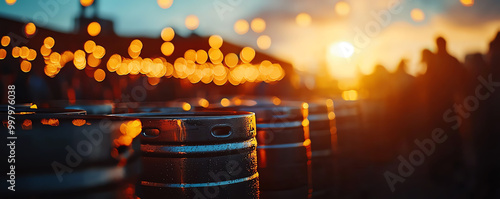 Beer kegs lined up at a festival, ready for a huge celebration and party atmosphere, beer party  celebration  kegs, festival beer party vibes