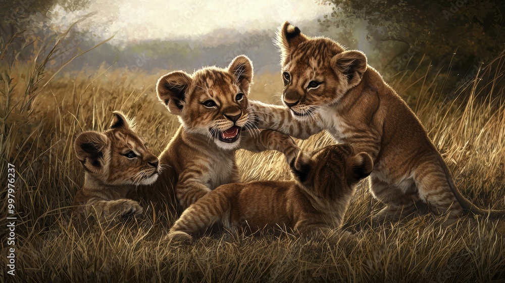 Playful Lion Cubs Enjoying Time Together in Savanna Playful Lion Cubs Enjoying Time Together in Savanna
