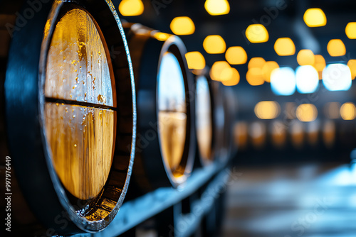 Beer enthusiasts gathered around a row of kegs at a tasting party, celebrating craft beers, beer party  celebration  kegs, craft beer celebration photo