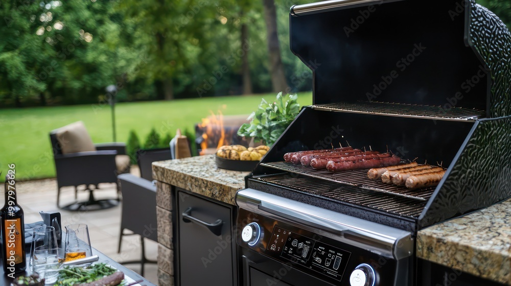 Fototapeta premium A patio with an intelligent cooking station that includes a smart grill and smoker, with temperature and timing adjustments made from a mobile app
