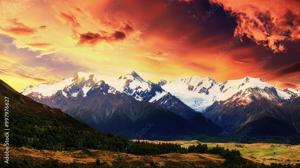 Majestic Snow-Capped Mountain Range at Sunset Majestic Snow-Capped Mountain Range at Sunset
