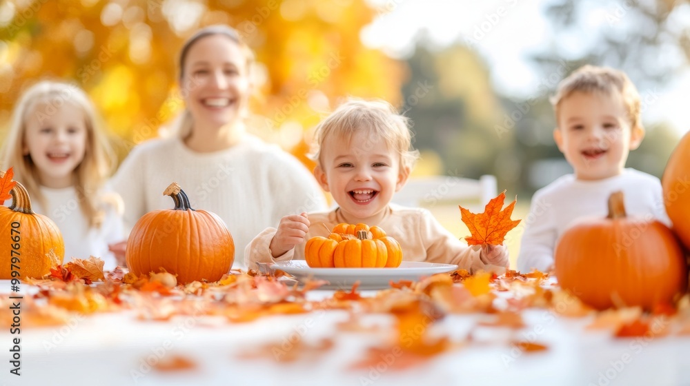 Fototapeta premium family meal outdoors, table setting with pumpkins