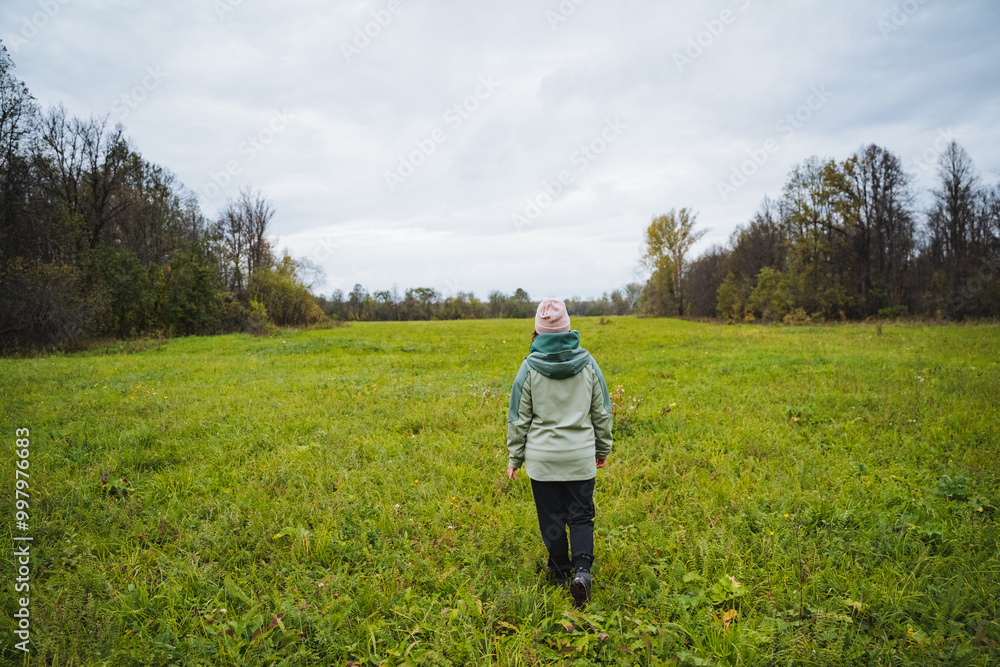 A solitary walker takes in the stunning beauty of nature on a calm, cloudy day while leisurely strolling through a lush green field A solitary walker takes in the stunning beauty of nature on a calm, cloudy day while leisurely strolling through a lush green field