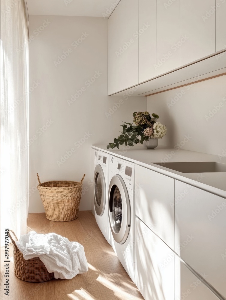 This modern laundry room showcases built-in washer and dryer units, sleek white cabinetry, and a stylish laundry basket nearby. Generative AI This modern laundry room showcases built-in washer and dryer units, sleek white cabinetry, and a stylish laundry basket nearby. Generative AI