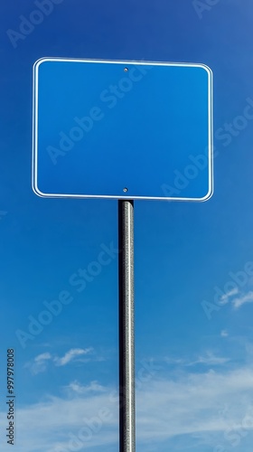 Plain blue road sign mounted high on a metal pole, no text, mockup for custom message