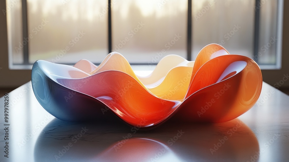 A vibrant, wavy glass bowl in warm colors on a table. A vibrant, wavy glass bowl in warm colors on a table.