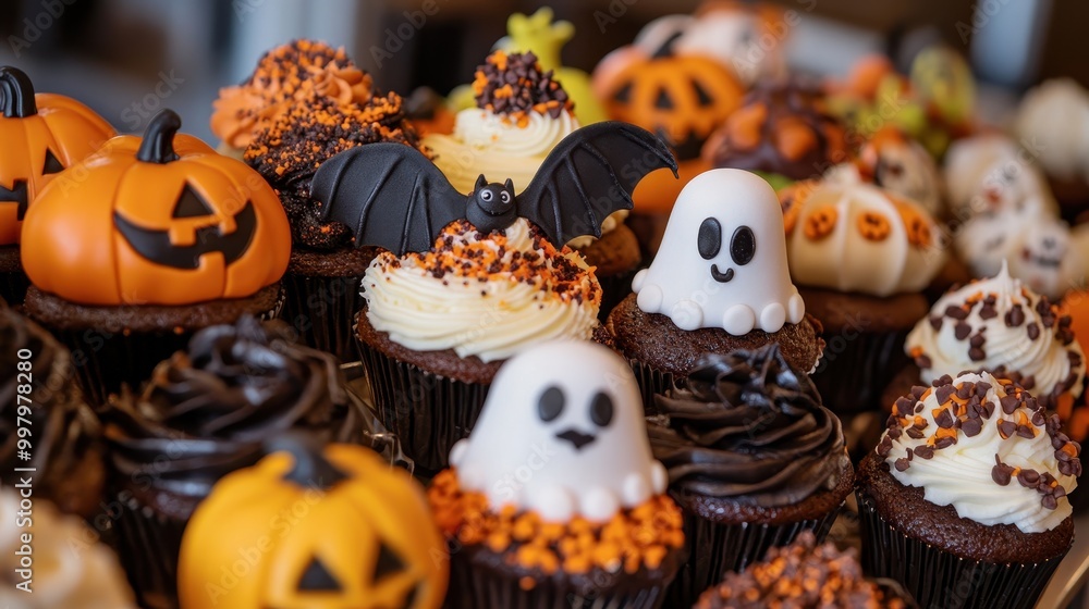 Spooky Halloween Cupcakes Display on Table with Ghosts, Bats, and Jack-o'-Lantern Faces Spooky Halloween Cupcakes Display on Table with Ghosts, Bats, and Jack-o'-Lantern Faces