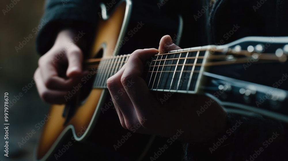 Obraz premium Playing an electro-acoustic guitar with a man hand. up close. A human hand holding a guitar. The school for guitarists. The school for guitarists.