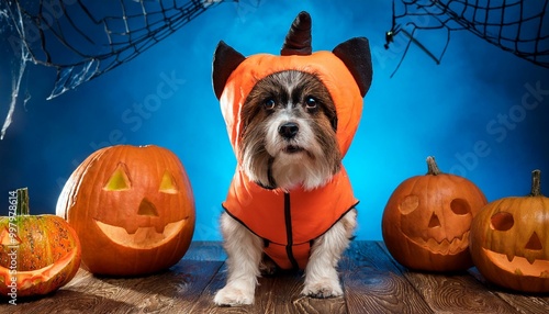 cute dog in a pumpkin costume with carved pumpkins in the background, Halloween dog, festive pet portrait