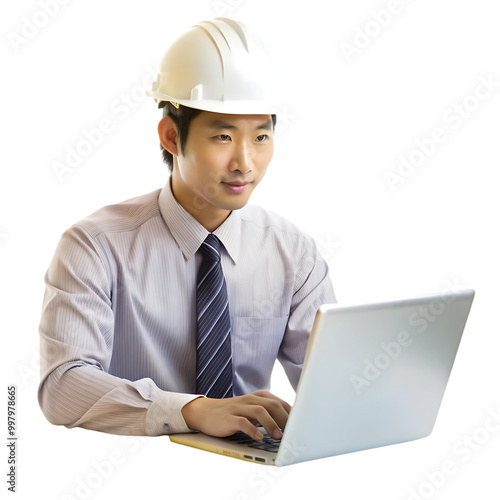 Male construction foreman in a safety vest and a helmet looking away