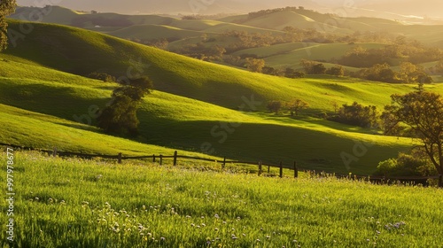 Scenic Rolling Green Hills with Wildflowers in Bloom