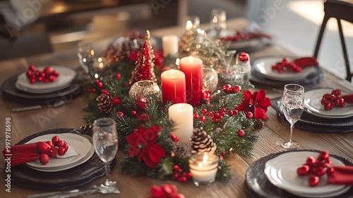 A festive holiday table set with Christmas decorations and candles