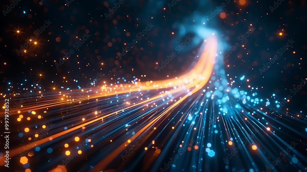 Abstract light trails with glowing particles in blue and orange hues. Abstract light trails with glowing particles in blue and orange hues.