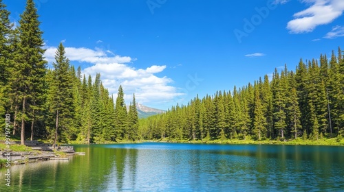 Serene Lake Surrounded by Towering Pine Trees